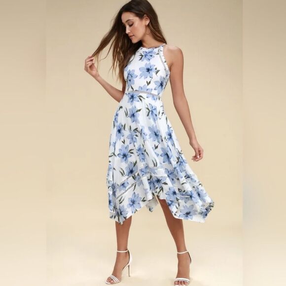 Lulus Zahara Blue White Floral Print Midi Dress S Small 100% Cotton halter apron - Picture 1 of 8